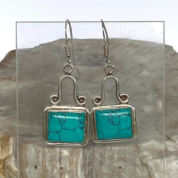 Sterling Silver 925 1.64" Rectangular Bezel Set Faux Turquoise Dangle Earrings - Picture 2 of 16
